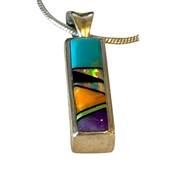 Sterling Silver Multi Gemstone Stone Pendant Necklace Rectangle 20" - Picture 2 of 6